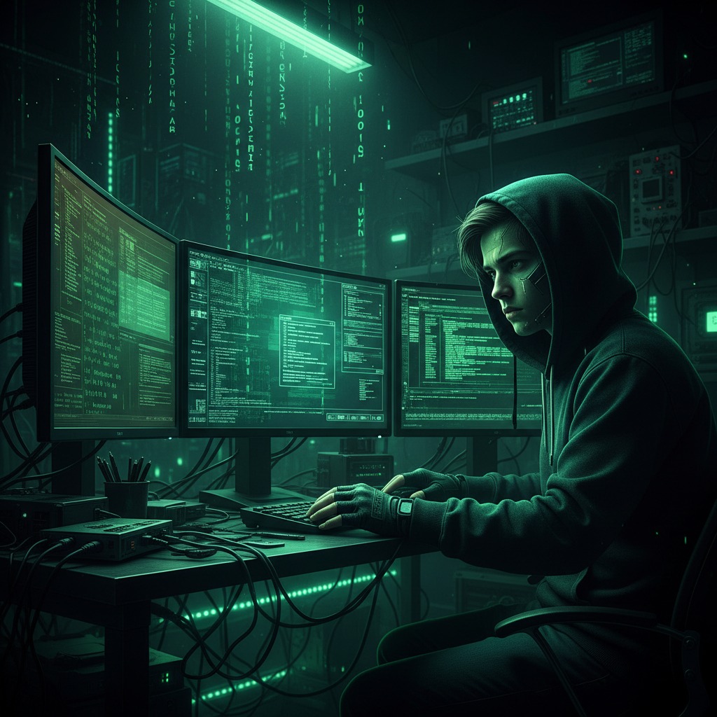 A hooded person in a green-lit room types on a keyboard surrounded by multiple computer monitors displaying code.